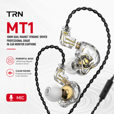 TRN MT1 Professional In-Ear Monitor Earphone – 10mm Dual Magnet Dynamic Driver Wired IEM with 0.75mm 2-Pin Detachable Cable, Transparent Polycarbonate Shell & 3.5mm L-Shaped Plug